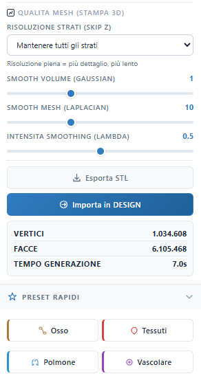 Pannello di generazione mesh e esportazione STL in AIMED3D Anatomy
