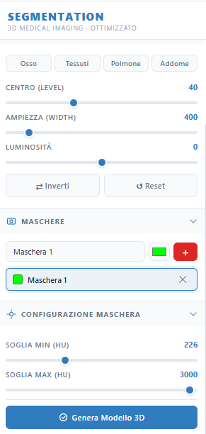 Pannello di segmentazione AIMED3D Anatomy con preset anatomici e soglie HU regolabili