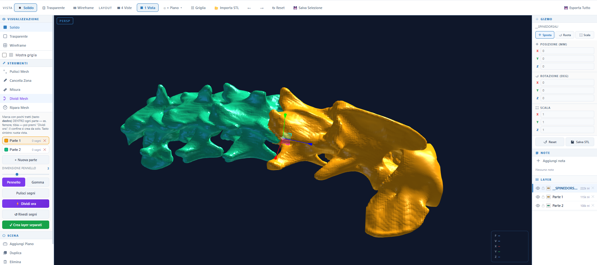 Strumento Dividi Mesh in AIMED3D Design, con una geometria suddivisa in due parti distinte tramite marcatura a pennello