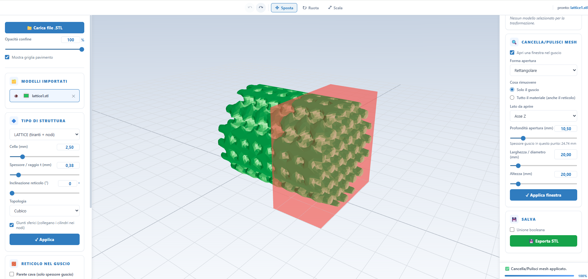 Strumenti di cancellazione e pulizia mesh in AIMED3D Scaffold su una struttura a lattice con topologia cubica