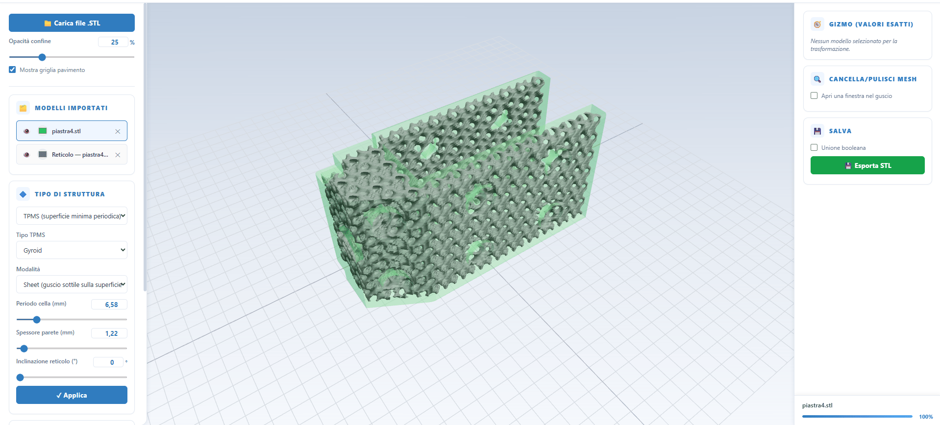 Interfaccia AIMED3D Scaffold con struttura a scaffold porosa generata da un modello STL