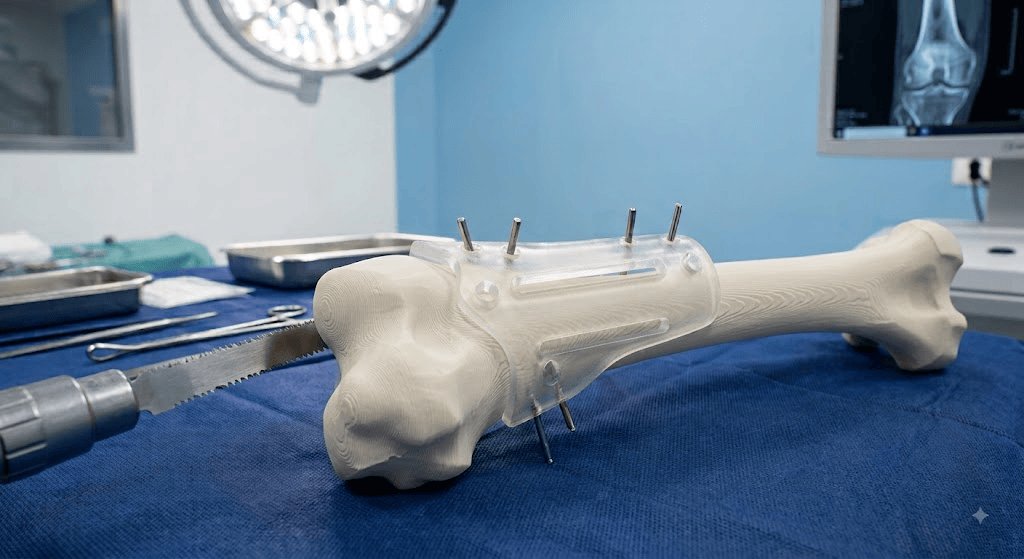 Guida chirurgica personalizzata applicata su un modello di femore, pronta per l'uso in sala operatoria